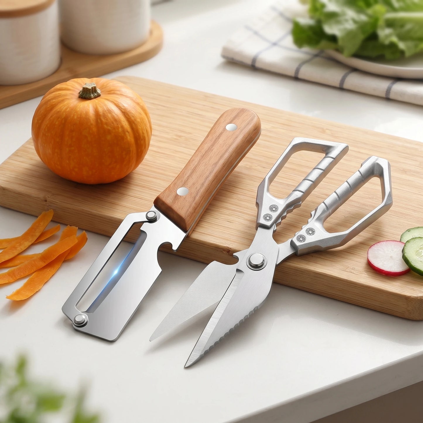 Stainless Steel Vegetable Peeler — Wooden Handle, Sharp Curved Blade