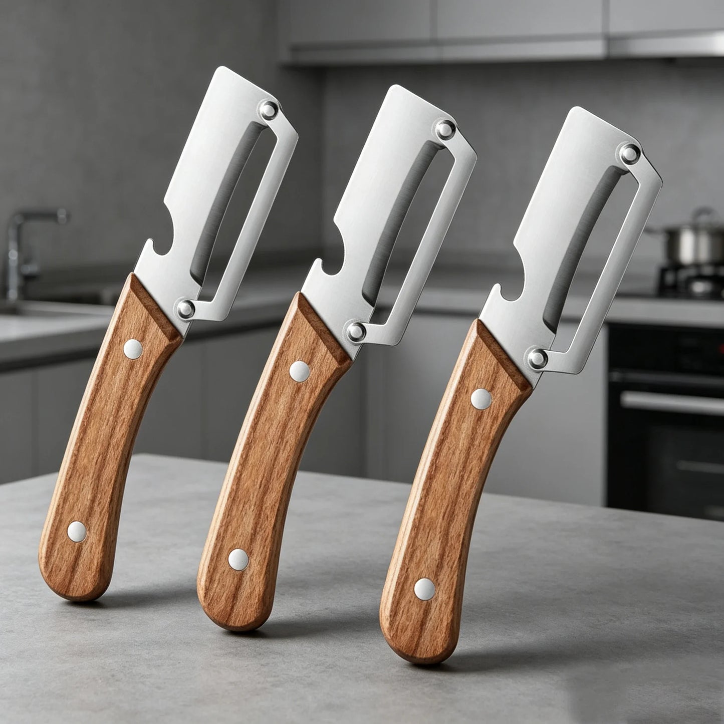 Stainless Steel Vegetable Peeler — Wooden Handle, Sharp Curved Blade