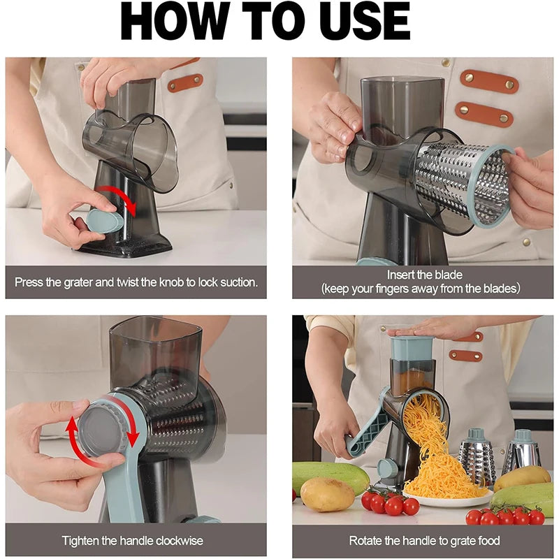 3-in-1 Rotary Cheese Grater — Slice, Shred & Grate in Seconds