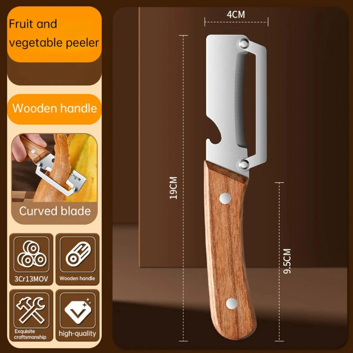 Stainless Steel Vegetable Peeler — Wooden Handle, Sharp Curved Blade